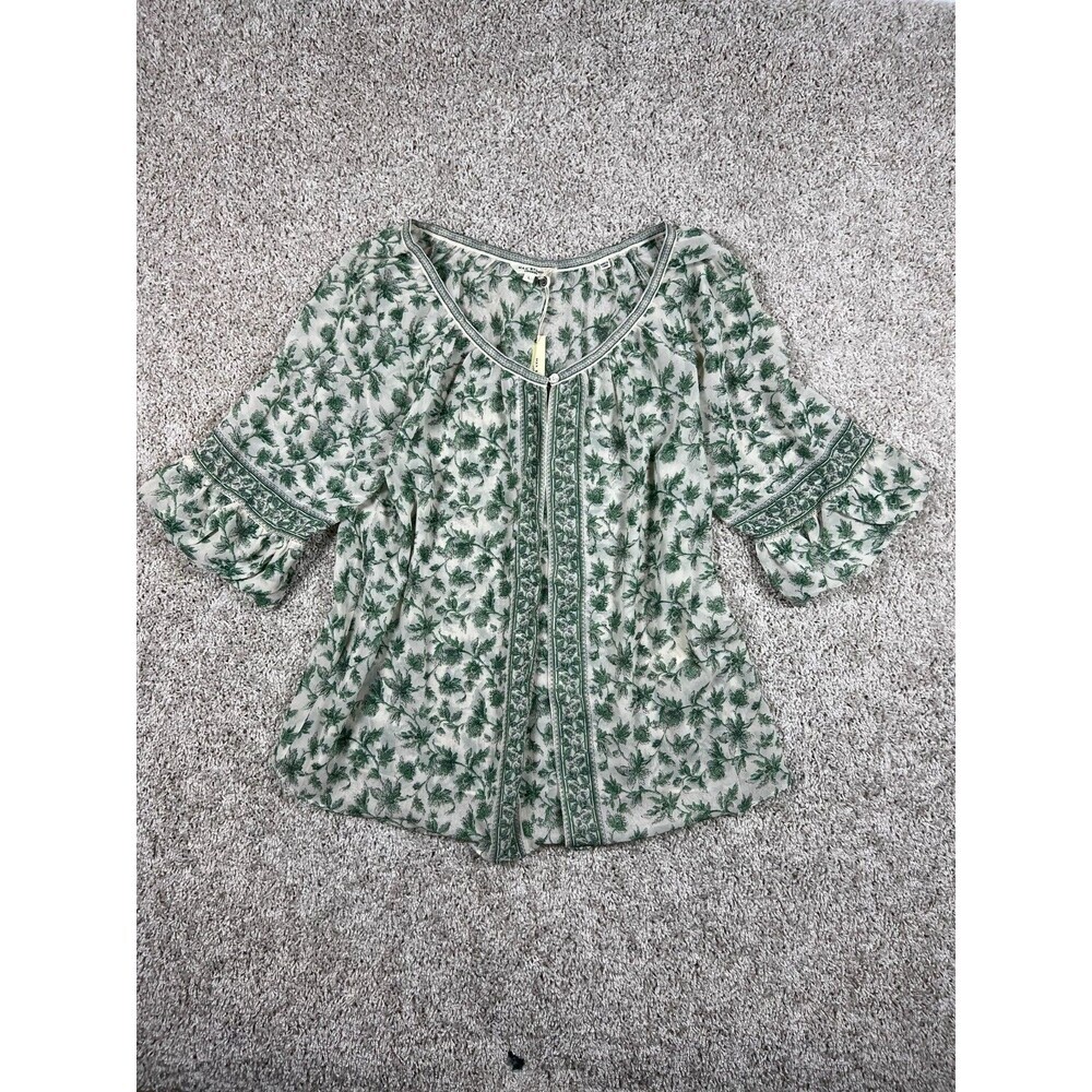 NWT Max Studio London Womens Large Green Floral Boho Peasant Blouse Top